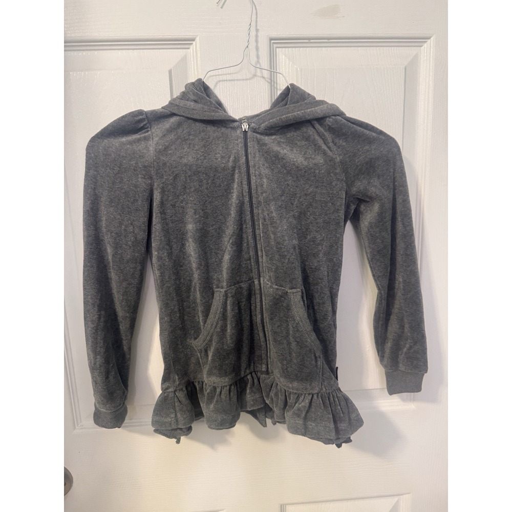 Juicy Couture Girls Size 8 Gray Velour Zip Hoodie Scottie Dog Ruffle Hem 2010
